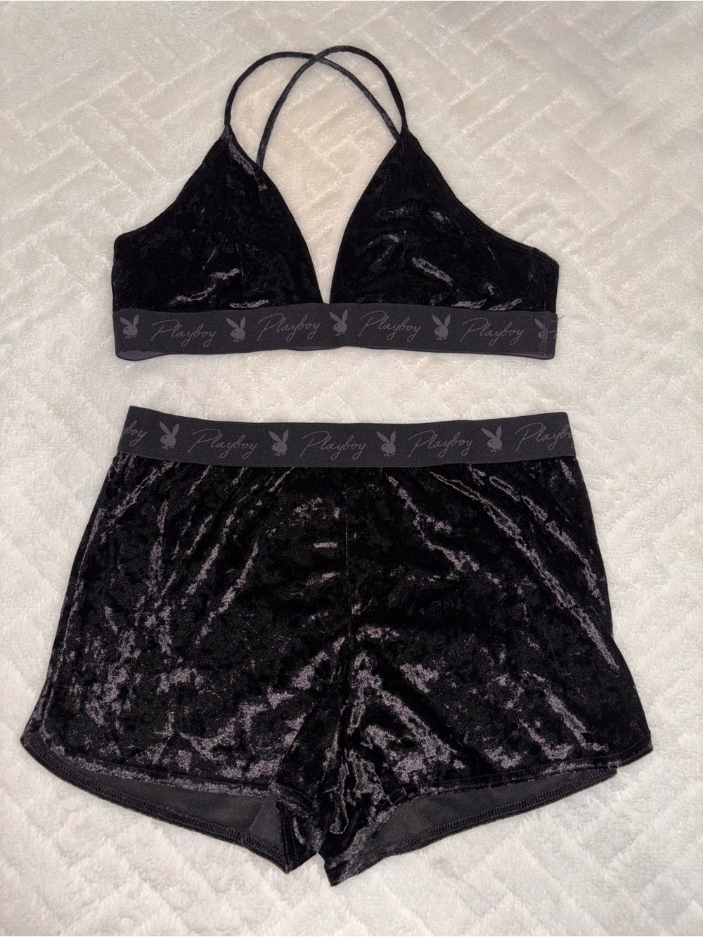 PLAYBOY Black Crushed Velvet Bralette & Lounge Shorts Set